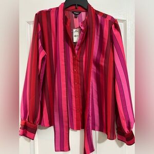 Express Vibrant Red and Pink Striped Button Down Shirt